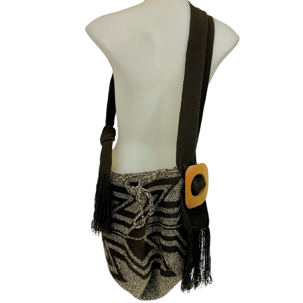 HIPPIE Bucket Bag 16X12x9 Brown Geometric 20”AdjStrap Woven Drawstring Y2K